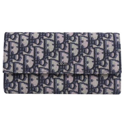 Christian Dior Oblique 金屬LOGO滿版緹花翻蓋式長夾(深藍)
