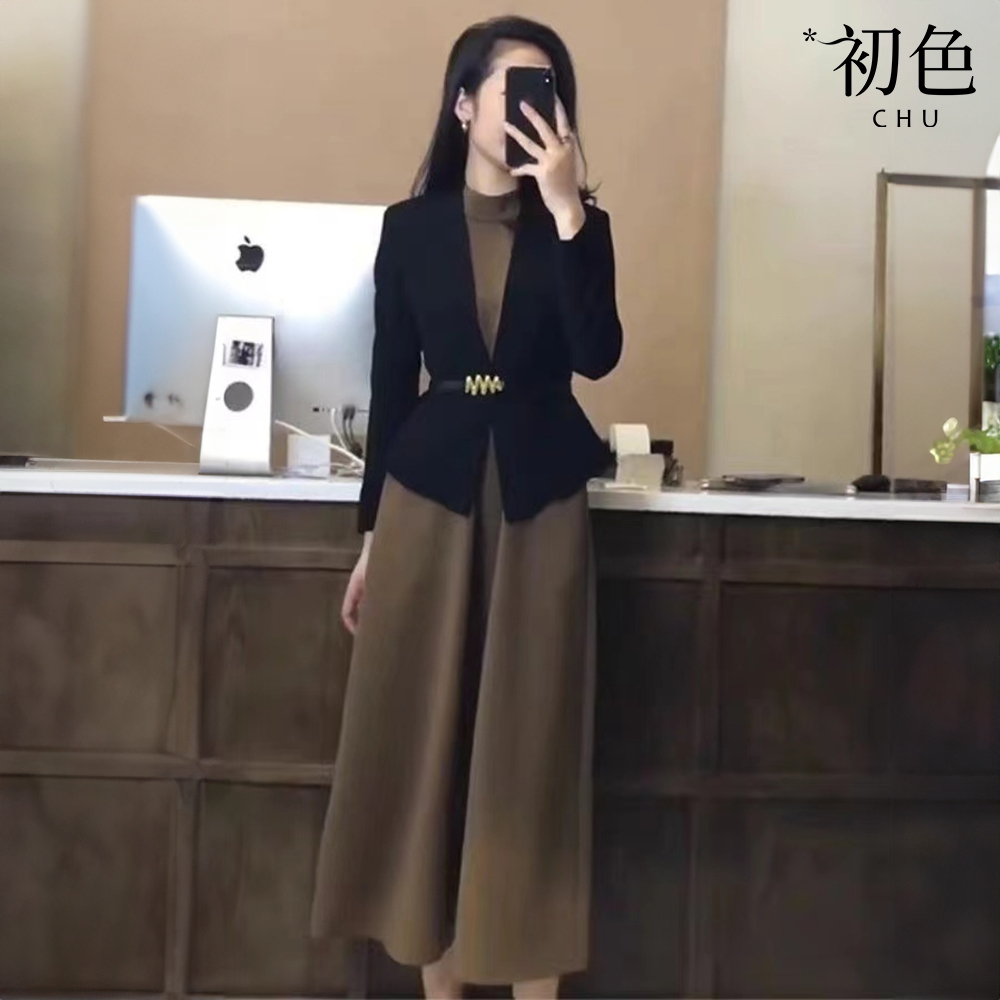 初色 修身長袖西裝外套女外套+純色高領無袖中長連衣裙連身洋裝套裝-褐色-37919(M-2XL可選)