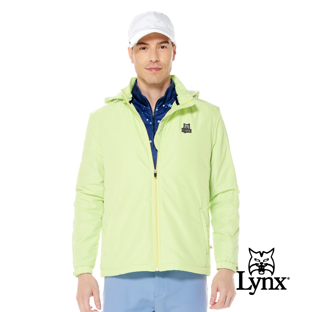 【Lynx Golf】男款防風防潑水刷毛保暖3M反光印花設計壓光配布剪接長袖可拆式連帽外套(三色) (黃綠色)