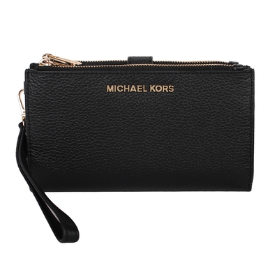 MICHAEL KORS  金LOGO皮革雙層拉鍊釦式掛帶手拿包(黑)