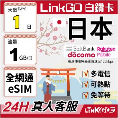LINKGO白鑽卡 日本全網通 eSIM卡 1天上網每日1GB 多電信(日本網卡 東京 大阪 福岡 北海道 沖繩)