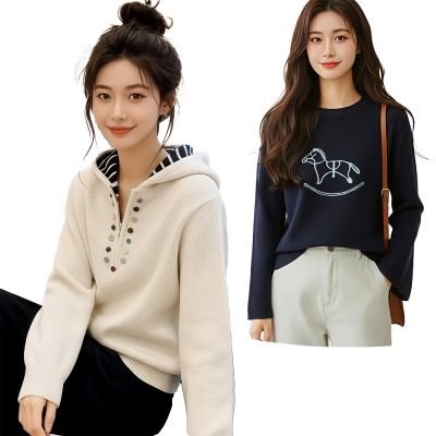 初色 簡約風卡通刺繡寬鬆圓領長袖保暖針織上衣-10款任選-17360(F可選)