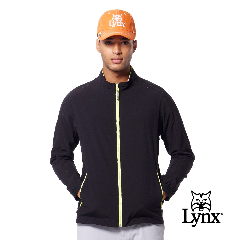 【Lynx Golf】男款抗UV機能輕薄舒適後背山貓沖孔造型配布剪裁設計拉鍊口袋長袖外套(二色) (黑色)