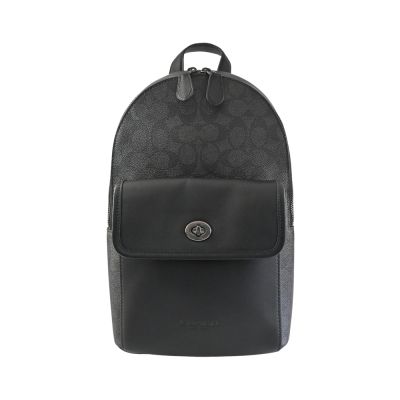 COACH黑灰C LOGO PVC拼接黑色素面皮革前口袋大款單肩胸背斜後背男包
