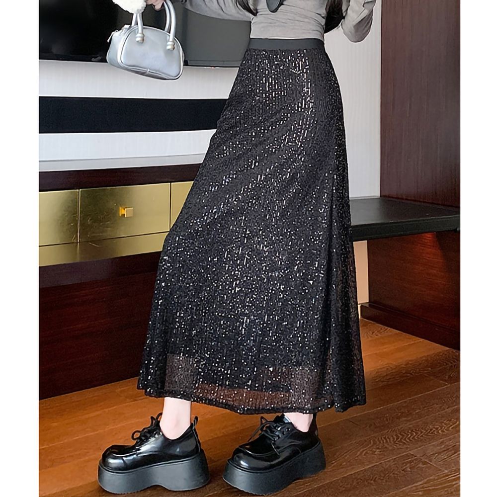 [韓國K.W.]現貨韓國空運法式亮片新款度假超長裙(小香風/韓國製/大擺裙) (黑色)