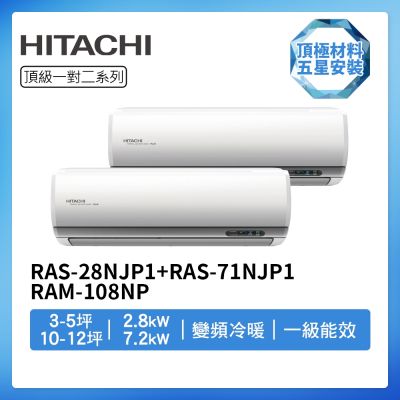 【HITACHI 日立】R32一級變頻冷暖3-5坪+10-12坪一對二分離式冷氣RAS-28NJP1+RAS-71NJP1/RAM-108NP(首創頂極材料安裝)