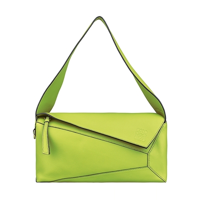 LOEWE 羅威 PUZZLE壓印LOGO拼圖設計小牛皮拉鍊肩背包(萊姆黃)