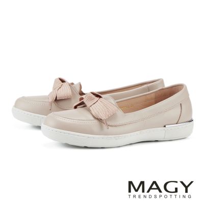 MAGY 清新甜美牛皮蝴蝶結樂福休閒鞋 杏色