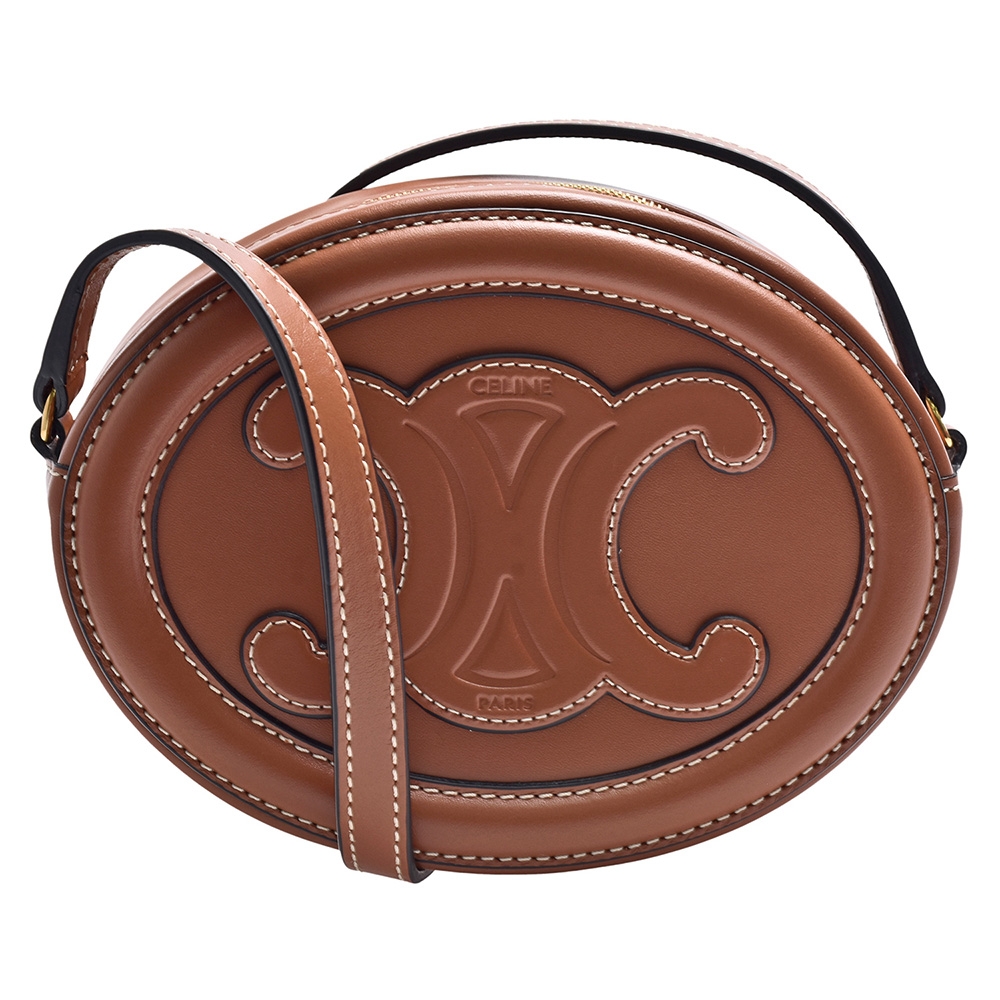 CELINE 賽琳經典CUIR TRIOMPHE小牛皮橢圓斜背小包(焦糖棕色