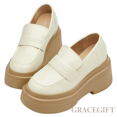 【Grace Gift】摩登比例內增高輕量厚底樂福鞋 杏
