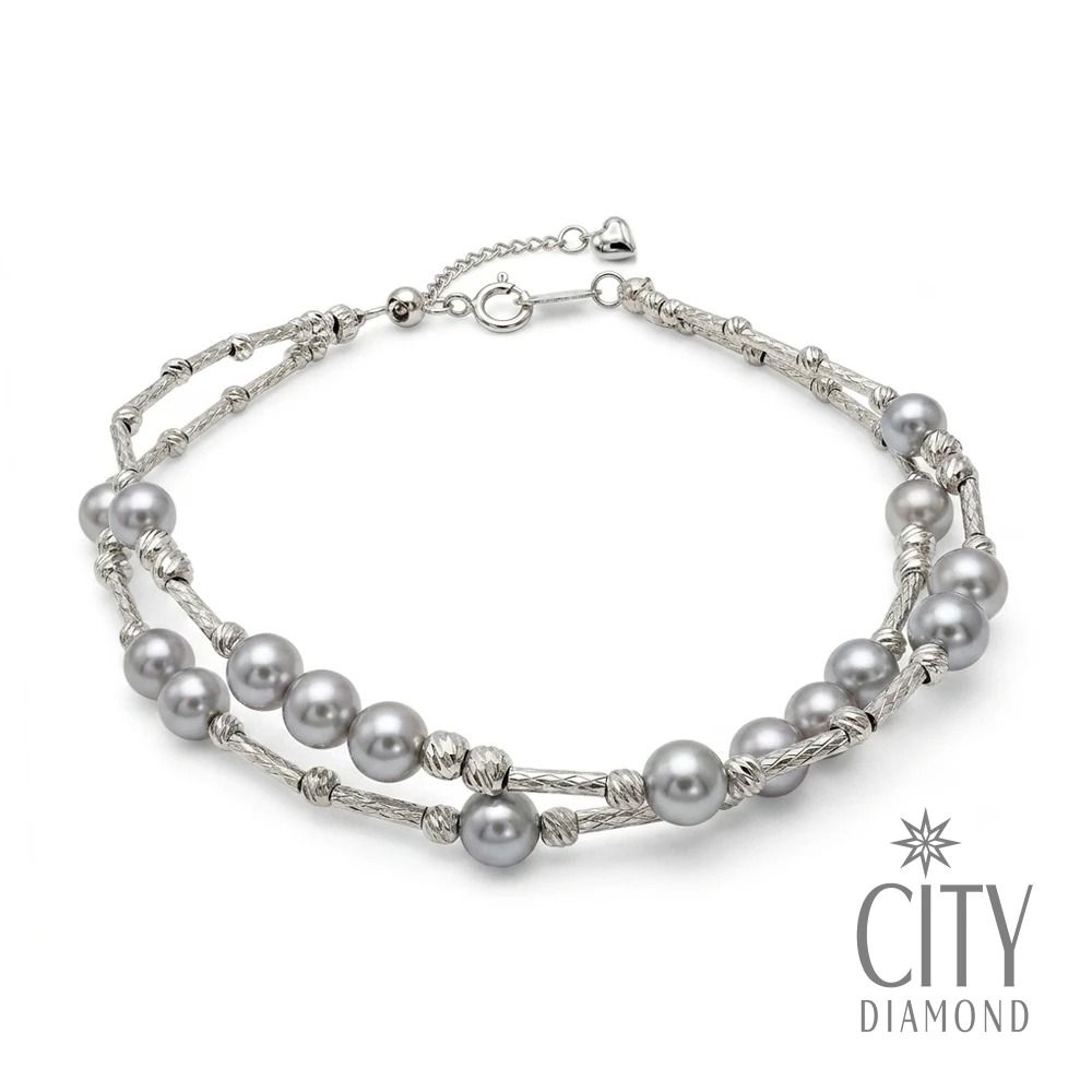 【City Diamond 引雅】網路獨家 日本 AKOYA珍珠 真多麻色 4-4.5mm 純銀 雙層 伸縮 手鍊 (東京Yuki系列)
