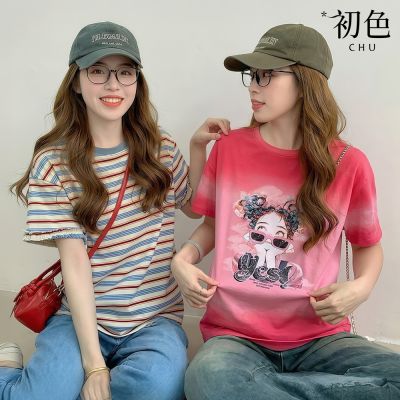 初色 美式復古撞色條紋圓領短袖卡通印花落肩T恤-6款任選-19346(M-2XL可選)