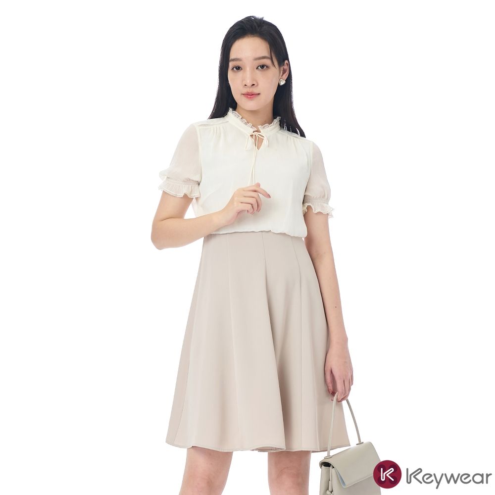KeyWear奇威名品    假兩件拼接雪紡短袖洋裝-淺米色