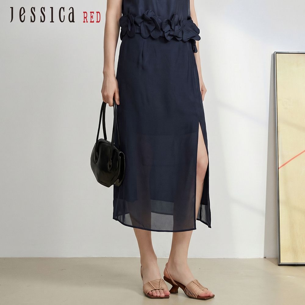 JESSICA RED - 氣質簡約開叉鬆緊腰長裙R63102