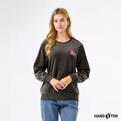 Hang Ten-女裝-珊瑚絨愛心繡花大學T-炭灰