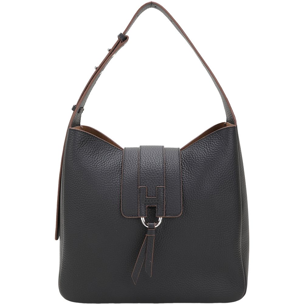 HOGAN Trend Hobo H流蘇翻蓋扣帶 荔紋牛皮手提 肩背包(黑色)