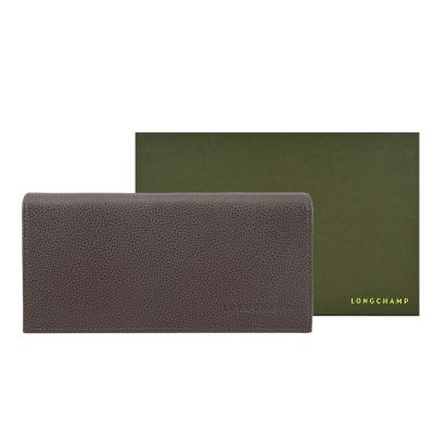 LONGCHAMP LE FOULONNÉ系列牛皮簡約翻蓋14卡壓釦長夾(駝灰)