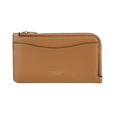COACH 字母燙金LOGO光滑皮革L型拉鍊零錢卡夾(蜂蜜棕)