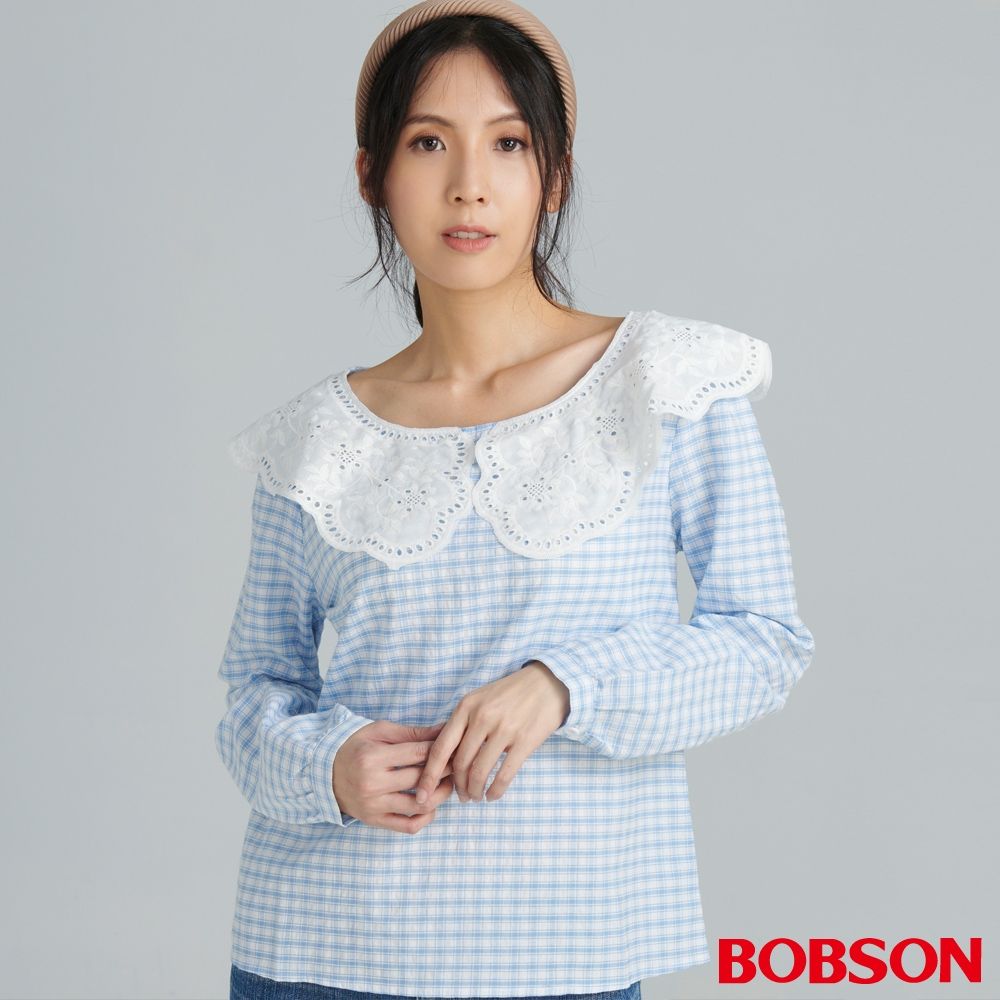 【BOBSON】女款蕾絲領片格子上衣 (82073-58)