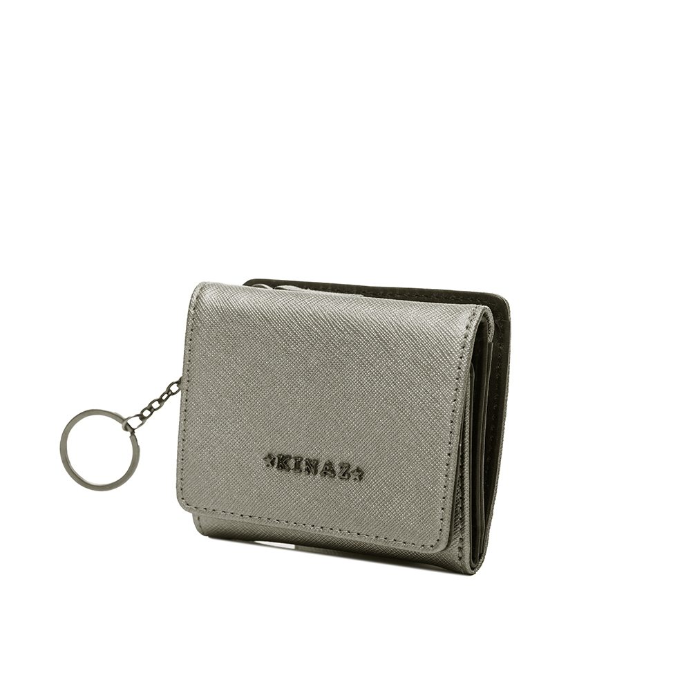 KINAZ 閃耀印記真皮三折式短夾-煙燻灰銀-小星星系列| 中夾/短夾