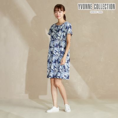 YVONNE 以旺傢飾 棉麻印花連袖洋裝-丈青