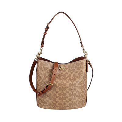 COACH Willow C字印花LOGO牛皮搭塗層帆布磁吸旋釦手提肩背斜背水桶包(棕褐x焦糖棕)