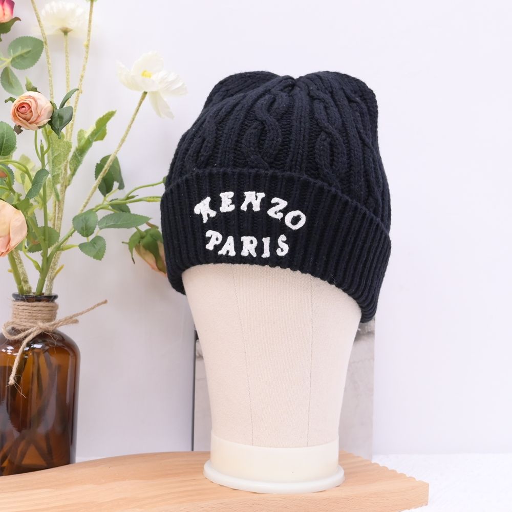 KENZO Verdy Market 品牌刺繡LOGO麻花針織毛帽(黑)