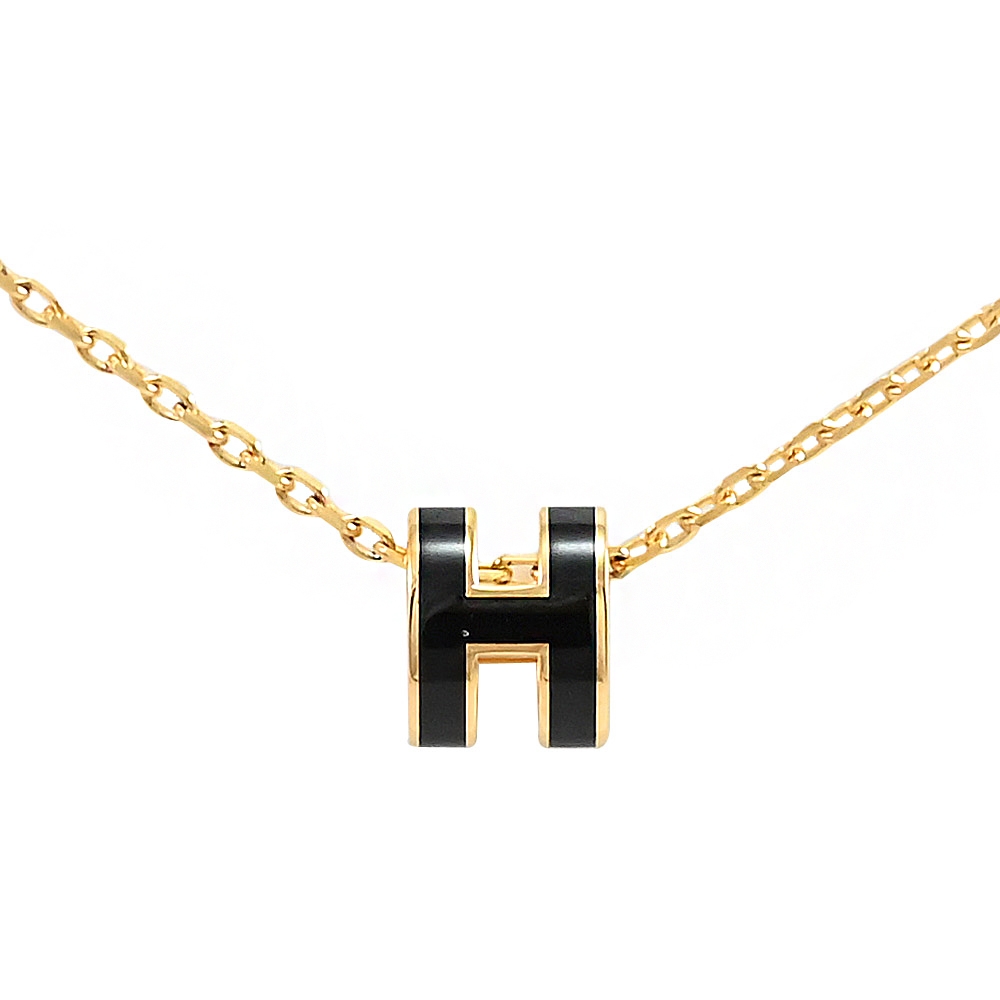 HERMES MINI POPH 經典鏤空橢圓H飾鎖骨項鍊(金/黑)