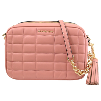 MICHAEL KORS Jet Set 金屬LOGO車線皮革斜背包/方包(粉)