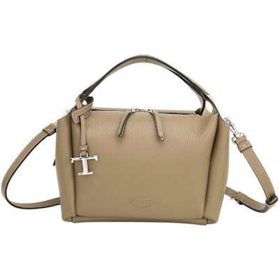 TOD S Api Baulette 迷你 T字吊飾荔紋牛皮手提/斜背波士頓包(奶茶色)