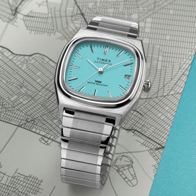 TIMEX 天美時 1983E系列 自動機械錶 34毫米 不鏽鋼伸縮錶帶腕錶(淺藍x銀 TXTW2Y07300)