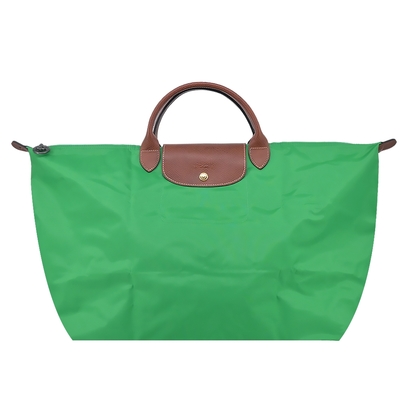 LONGCHAMP LE PLIAGE系列短把再生尼龍摺疊水餃旅行袋(大/草綠)