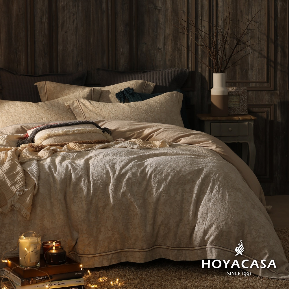 HOYACASA 雙人 棉麻色織緹花薄被套床包四件寢飾-雅娜