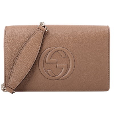 GUCCI-SOHO 雙G牛皮可拆鍊帶手拿/肩背包(卡其杏色)