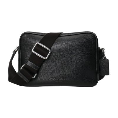 COACH 壓印LOGO 鵝卵石皮革斜背相機包(素面黑)