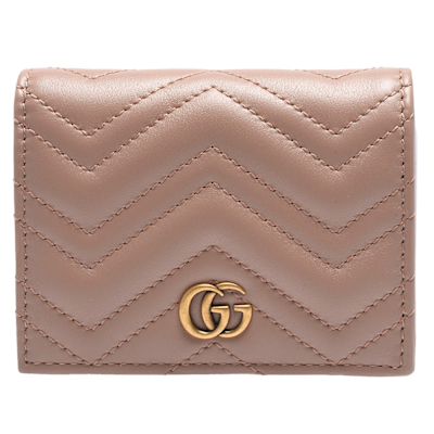 GUCCI GG Marmont matelasse系列絎縫紋牛皮金屬雙G LOGO暗釦卡夾/零錢包(裸色)