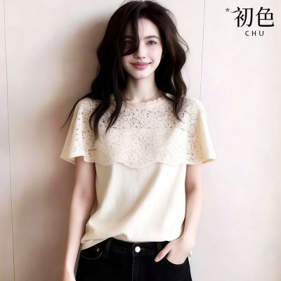 初色 法式純色圓領假兩件蕾絲縷空短袖上衣女上衣-白色-51386(M-XL可選)
