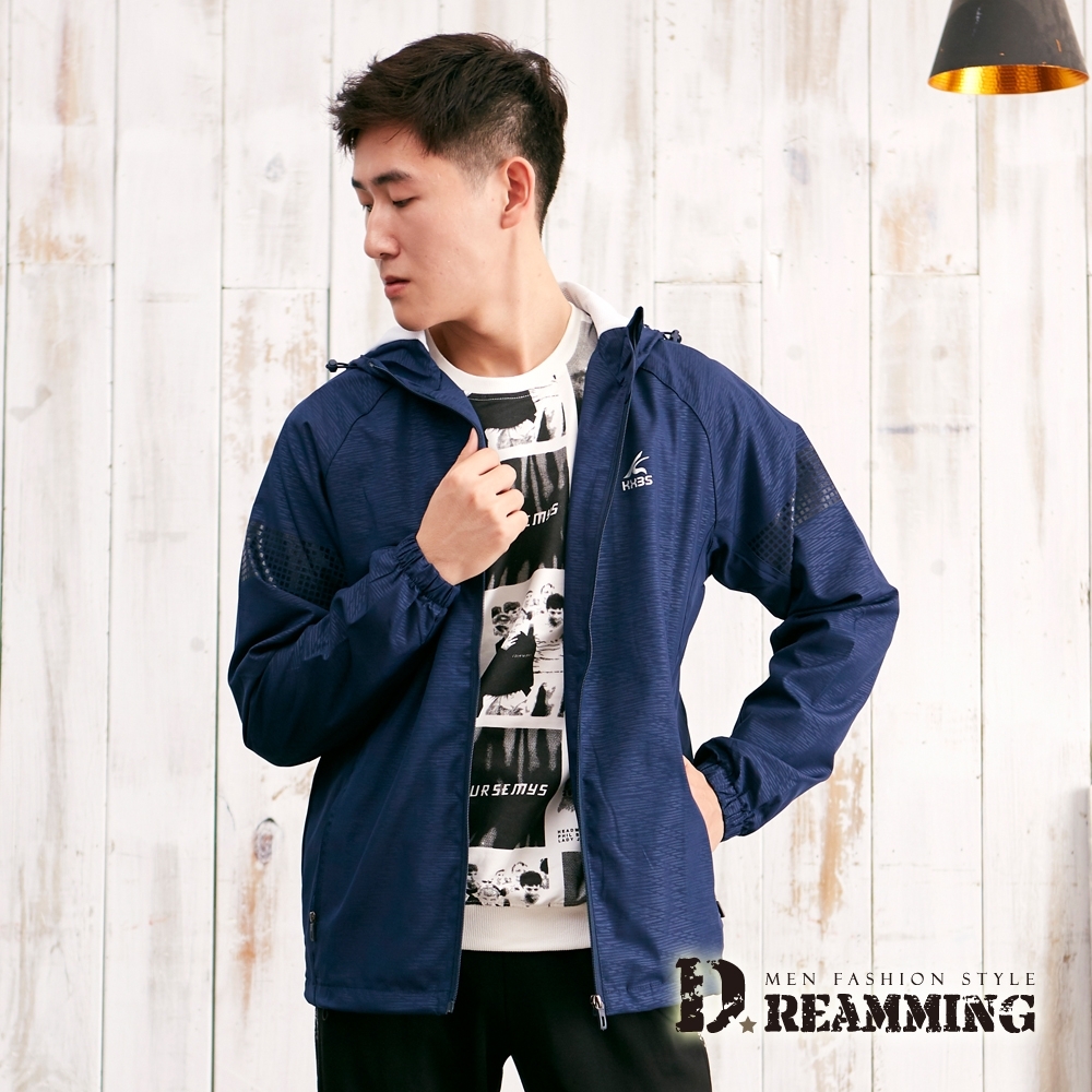 Dreamming 小方格簡約風彈力休閒運動連帽外套-共二色 (深藍)