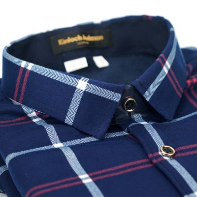 金安德森 深藍紅白大格加絨保暖窄版長袖襯衫
