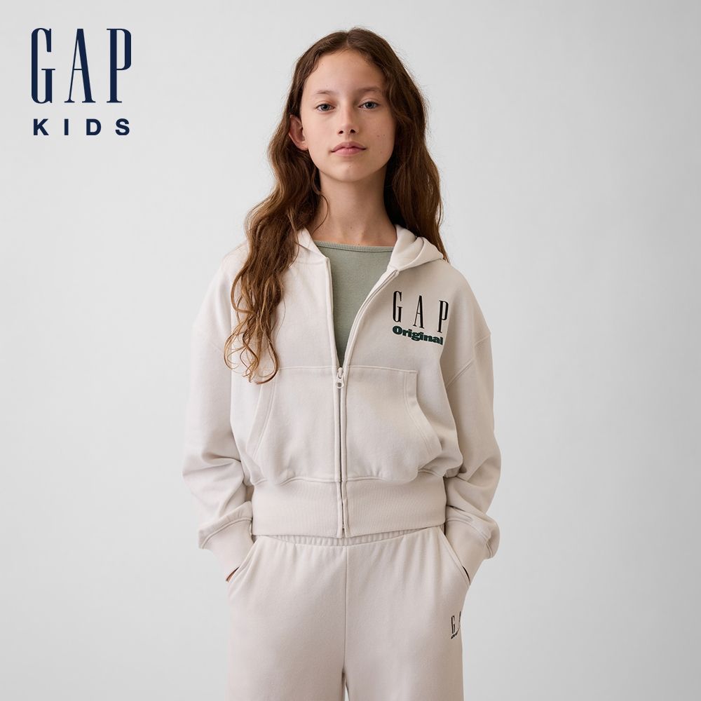 【GAP】兒童VintageSoft毛圈布寬版Gap Logo拉鍊連帽外套  多款規格任選 (907410 & 907668) (兒童Gap Logo拉鍊連帽外套-白色)