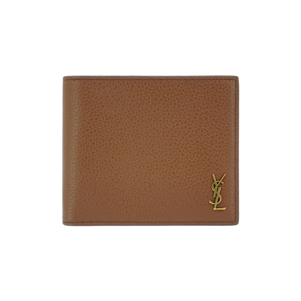 YSL 金Logo粒面牛皮品牌八卡對開男短夾(607727-摩卡色)
