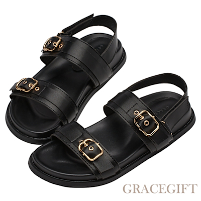 【Grace Gift】小叛逆金屬釦飾雙帶魔鬼氈涼鞋 黑