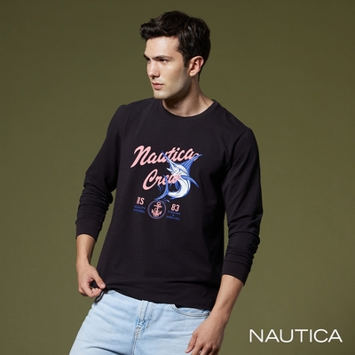 NAUTICA男裝 率性旗魚印花長袖T恤-黑