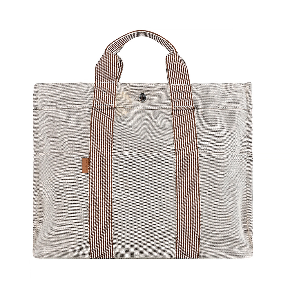 HERMES 愛馬仕 皮標字母LOGO條文設計帆布釦式手提包( 展示品/淺米x白棕)