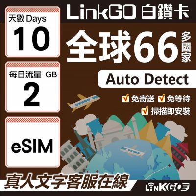LINKGO白鑽卡 全球66國 eSIM卡 10天上網絡卡 每日2GB(全球網絡卡 亞洲 歐洲 美洲 大洋洲 非洲)