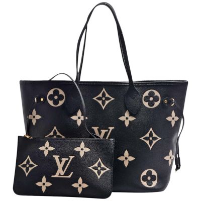 LOUIS VUITTON路易威登 LV M58907 Neverfull MM系列 Monogram Empreinte壓花牛皮肩背包(黑色/米色)