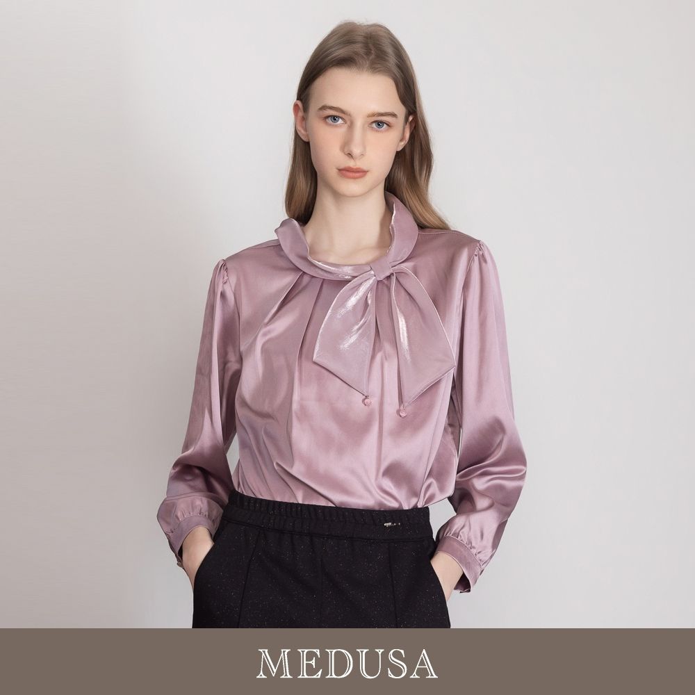 現貨【MEDUSA 曼度莎】高級粉紫色絲緞面綁結上衣（M-XL）｜緞面襯衫 女上班穿搭