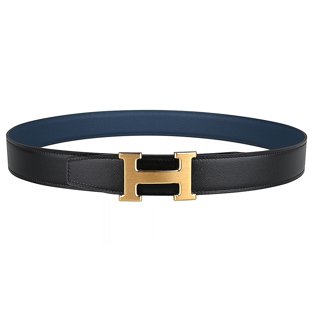 HERMES H LOGO磨砂金釦小牛皮雙面皮帶(黑x普魯士藍)