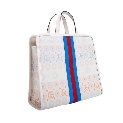 GUCCI 童趣藍紅藍織帶托特包(白色)
