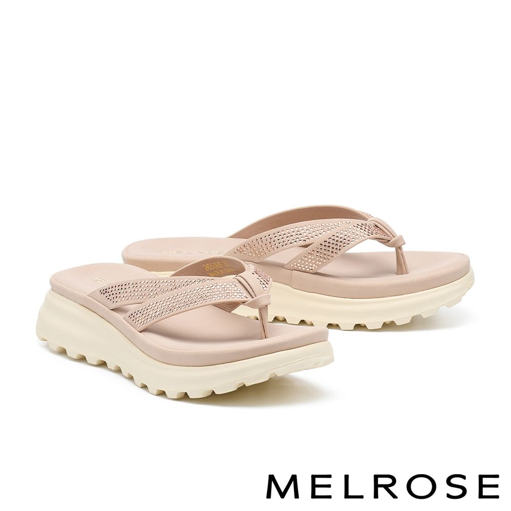 拖鞋 MELROSE 美樂斯 精緻率性燙鑽人字雙寬帶厚底拖鞋－粉
